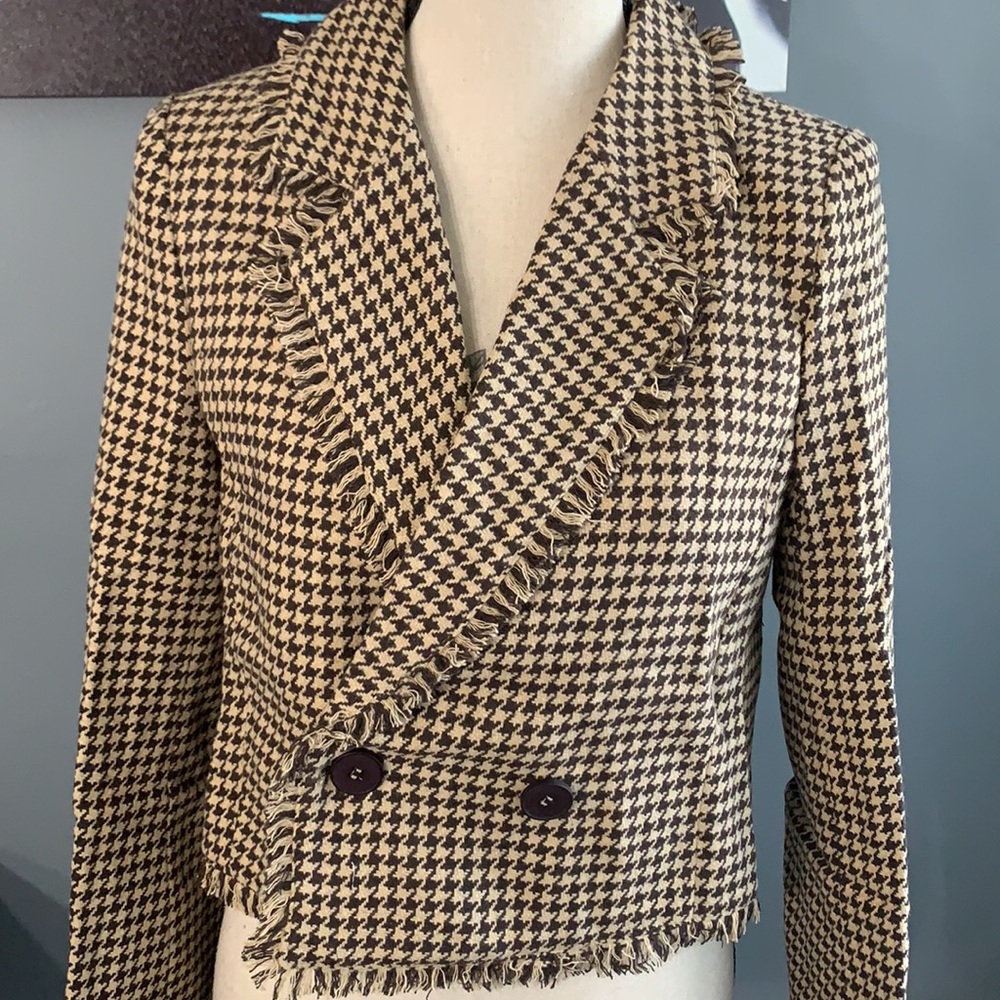 Love Riche Tan Brown Houndstooth Frayed Edging Lined Jacket Blazer NWT - Picture 5 of 16